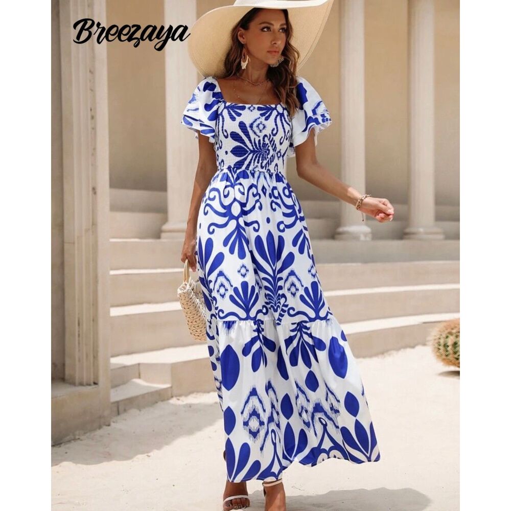 EUC Breezaya Blue and White Smocked Bodice Layered Sleeve Maxi Dress XL 12